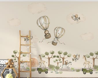 Watercolor Safari Animals Wall Mural, Hot Air Balloon Nursery Wallpaper