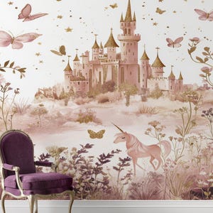 Magic Pink Castle Wallpaper, Peel And Stick Girls, Nursery Wall Decor, Kids Wall Mural, Princess Castle Nursery Wall Decor,Pink Colors Mural