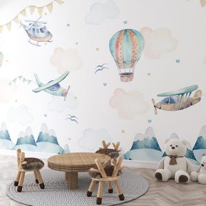 Kids Wallpaper, Blue Hot Air Balloon Nursery Wallpaper, Nursery Decor, Removable Decals, Airplanes Wall Art Boys Room Decor Sky And Clouds