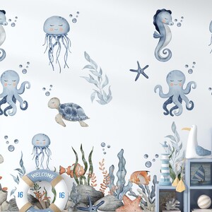 Kids Undersea Ocean Wallpaper, Watercolor Sea Life Nursery Decor, Kids Room Wall Art, Cute Sea Animals Wall Mural, Beach Nursery Decor
