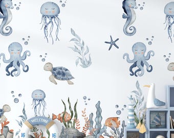 Kids Undersea Ocean Wallpaper, Watercolor Sea Life Nursery Decor, Kids Room Wall Art, Cute Sea Animals Wall Mural, Beach Nursery Decor