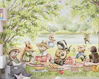 Vinilo decorativo de pared con animales de safari para bebés en acuarela, adhesivo de pared de acuarela, mural para habitación infantil, gacela, conejo, zorro, vinilo decorativo de pared, vinilo adhesivo de árbol