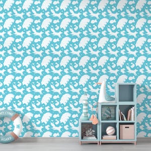 Carta da parati con nuvole e animali del cielo azzurro per la cameretta dei bambini, murale a forma di nuvola stravagante, graziosa decorazione da parete per la cameretta dei bambini con animali dei cartoni animati da sogno