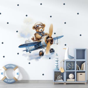Carta da parati blu per la cameretta dei bambini, orsetto volante, aviatore, murale, aeroplani, arte murale, decorazione per la cameretta dei ragazzi, cielo e nuvole, adesivi murali con orsi