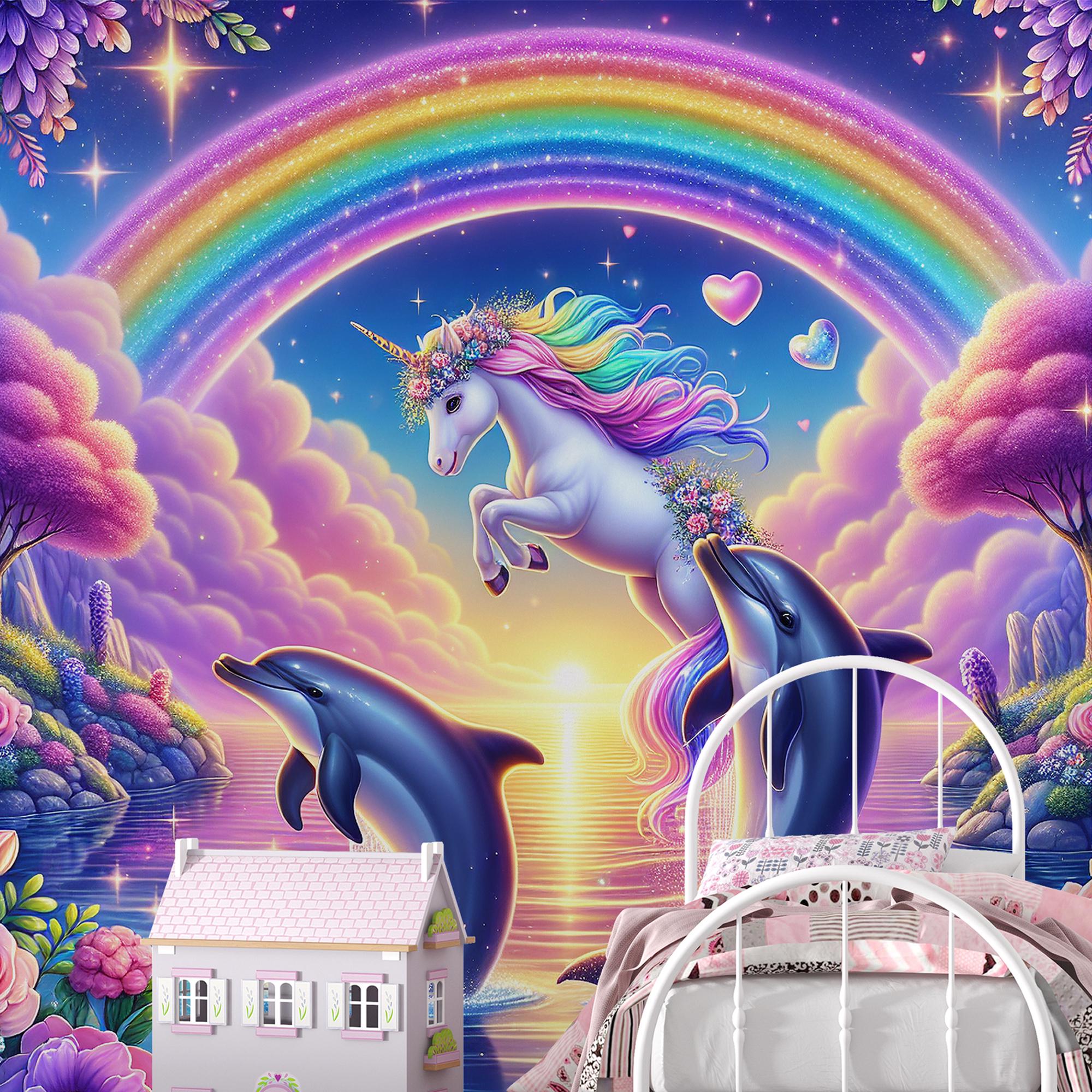 Rainbow Dolphin Fabric Mural, Whimsical Unicorn, Ocean Nursery
