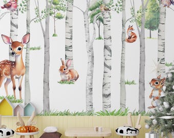 Vinilo decorativo de pared con animales de safari para bebés en acuarela, adhesivo de pared de acuarela, mural para habitación infantil, gacela, conejo, zorro, vinilo decorativo de pared, vinilo adhesivo de árbol