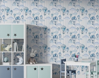 Kids Wallpaper Peel and Stick, Kids Animals with Hot Air Balloon Wall Mural, Removable balloon wallpaper,  Hot Air Balloons Wallpaper