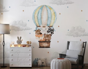 Watercolor Safari Animals and Hot Air Balloon Nursery Wallpaper Mural