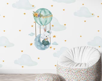 Watercolor Hot Air Balloon Wallpaper, Safari Animals Nursery Wall Mural