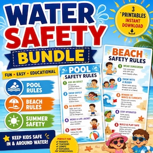 May include: A digital water safety bundle featuring educational posters with pool and beach safety rules for children. The graphics include illustrations of kids swimming, wearing life jackets, and applying sunscreen, with text detailing safety guidelines.