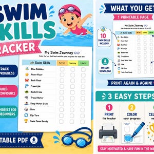 May include: A printable Swim Skills Tracker PDF featuring a cartoon swimmer, blue goggles, and a progress chart titled My Swim Journey. The chart lists ten swimming skills with checkboxes for tracking progress, alongside instructions for printing and coloring.