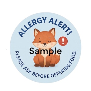 Etiqueta imprimible de alerta de alergia para bebés: "Pregunte antes de ofrecer comida" - Señal de seguridad Digital Fox - Redonda de 7,6 cm - Descarga