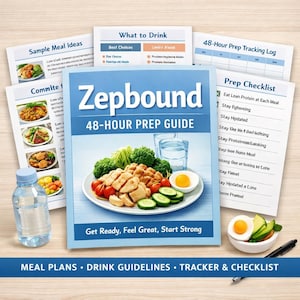 May include: A collection of health and wellness materials, including a guide titled "Zepbound 48-Hour Prep Guide." The image features meal plans, drink guidelines, a tracker, and a checklist. A plate of food, a water bottle, and a glass of water are also visible.