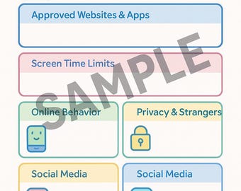 May include: A colorful "Children's Internet Safety Agreement" form. The form includes sections for approved websites, screen time limits, online behavior, privacy, social media, and a signature line. Icons of a laptop, phone, lock, and social media symbols are included.