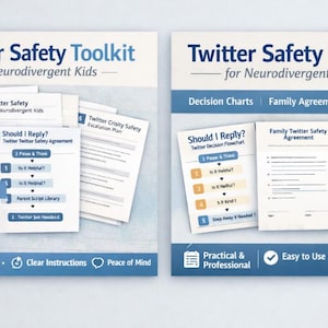 May include: Two informational brochures titled "Twitter Safety Toolkit for Neurodivergent Kids." The brochures feature a 5-Step Parent Guide, decision charts, and crisis plans. The design incorporates blue and white text with the Twitter bird logo.
