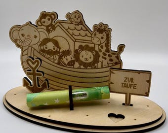 Noah's Ark wooden stand with Bible verse – personalized baptism gift – Christian decoration for children's rooms – engraving possible