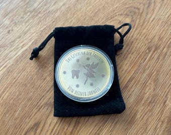 Tooth Fairy Coin in a Velvet Pouch | First Baby Tooth Gift | Baby Tooth Keepsake | Tooth Fairy Gift with Name and Date