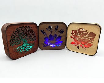 Wooden Night Light with LED - Tree & Flowers Table Lamp - Gift Idea Home Decor
