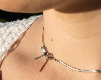 Bow choker necklace, adjustable sterling silver choker, ethereal and modern, knotted necklace in silver