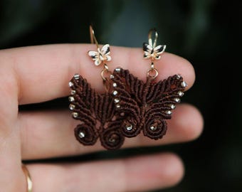 Butterfly macrame earrings, 100% handmade, brown macrame earrings, butterfly earrings, gift for her