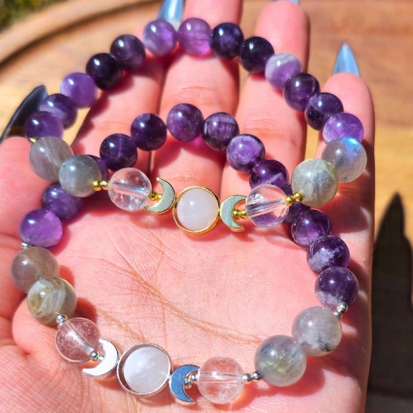Triple Moon Goddess Bracelet: Moonstone, Labradorite, Amethyst - Spiritual Jewelry