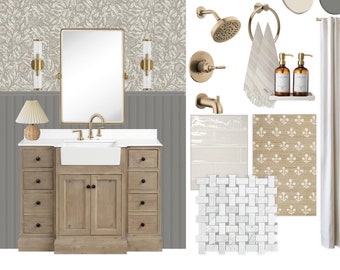 May include: A mood board for a vintage botanical bathroom design. The board features a gray and white wallpaper, a white porcelain sink, a wooden vanity, a gold mirror, gold light fixtures, a white shower head, a white towel, a white shower curtain, and a white and gray tile pattern.