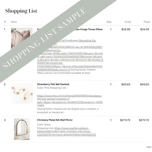 May include: A shopping list with three items: a blush-colored throw pillow with fringe, a pink and white felt ball garland, and a brass-colored metal wall mirror. The list includes the item name, quantity, cost, and total price.