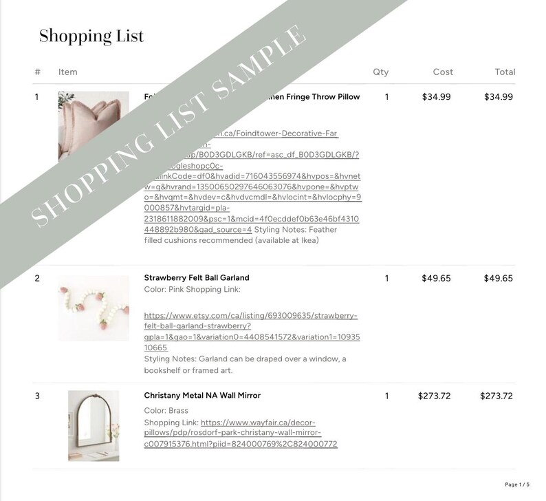 May include: A shopping list with three items: a blush-colored throw pillow with fringe, a pink and white felt ball garland, and a brass-colored metal wall mirror. The list includes the item name, quantity, cost, and total price.