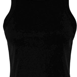May include: A black sleeveless crop top with a round neckline. The top is made of a soft, opaque fabric and features a racerback design. The garment is a solid black color, suitable for casual wear.