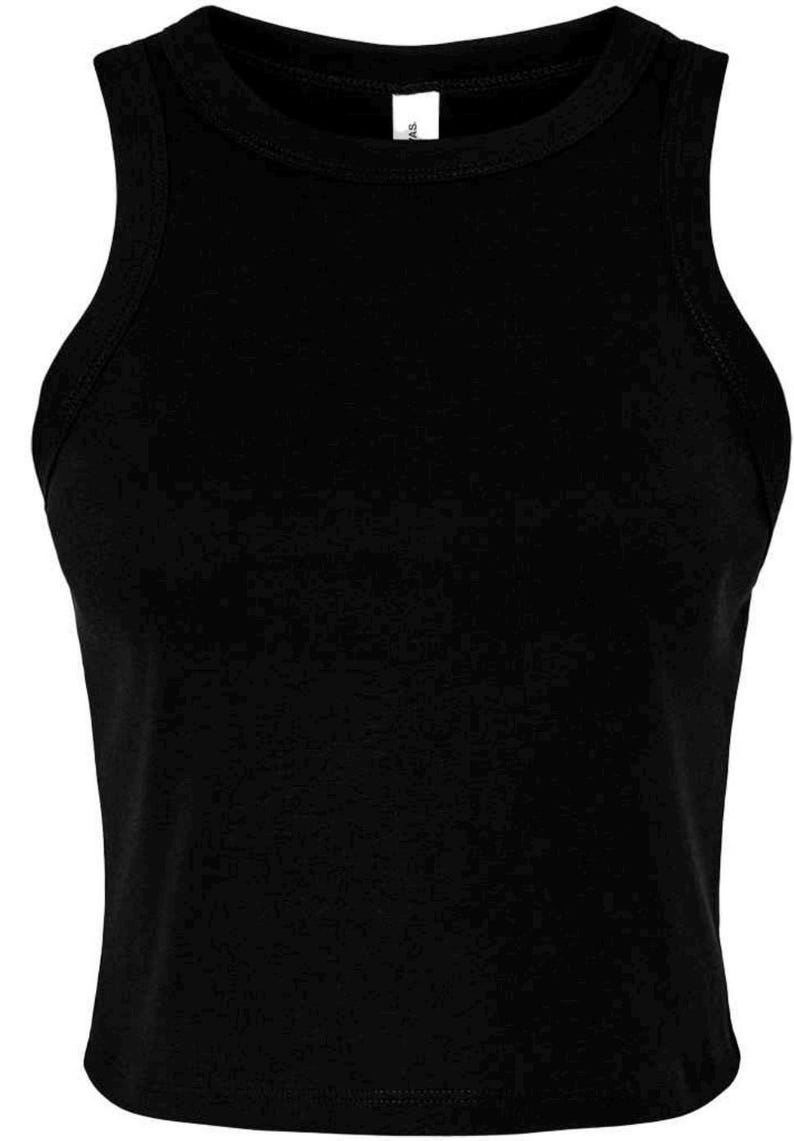 May include: A black sleeveless crop top with a round neckline. The top is made of a soft, opaque fabric and features a racerback design. The garment is a solid black color, suitable for casual wear.