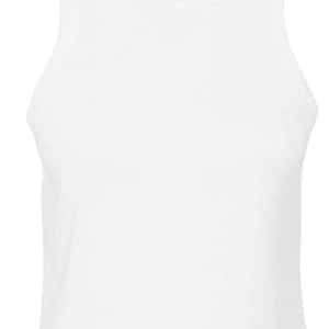 May include: A white sleeveless crop top with a high neckline. The top is made of a soft, opaque fabric. The garment has a racerback design and is suitable for casual wear.