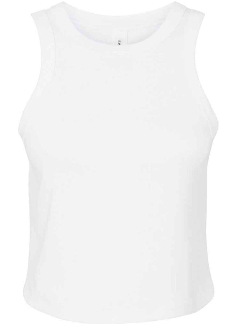 May include: A white sleeveless crop top with a high neckline. The top is made of a soft, opaque fabric. The garment has a racerback design and is suitable for casual wear.