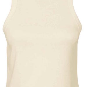 May include: Cream-colored tank top with a rounded neckline and sleeveless design. The top is made of a soft, smooth fabric. The garment has a simple, minimalist style, suitable for casual wear.
