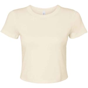May include: Cream-colored, short-sleeved t-shirt. The shirt has a crew neck and a fitted silhouette. The fabric appears to be soft and lightweight, suitable for casual wear. The t-shirt is a solid color, without any visible patterns or graphics.