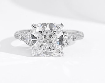 4ct Lab Grown Diamond Engagement Ring: 18k Gold, Square Cushion 2EX Cut, IGI Certified