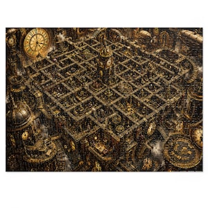 Puede incluir: Una estructura arquitectónica compleja de varios niveles en tonos dorados y marrón oscuro, con intrincados mecanismos de relojería, numerosos engranajes, escaleras y grandes esferas de reloj. La escena incluye dirigibles y una cuadrícula.