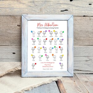 Puede incluir: Un marco de madera azul claro que contiene una impresi&oacute;n con figuras de palitos sosteniendo globos de colores. El texto dice "Mrs. Albertson Gracias por ser una maestra incre&iacute;ble". El texto en la parte inferior dice "Love from Kindergarten Playa Vista Elementary School".