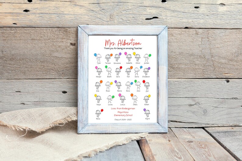 Puede incluir: Un marco de madera azul claro que contiene una impresi&oacute;n con figuras de palitos sosteniendo globos de colores. El texto dice "Mrs. Albertson Gracias por ser una maestra incre&iacute;ble". El texto en la parte inferior dice "Love from Kindergarten Playa Vista Elementary School".