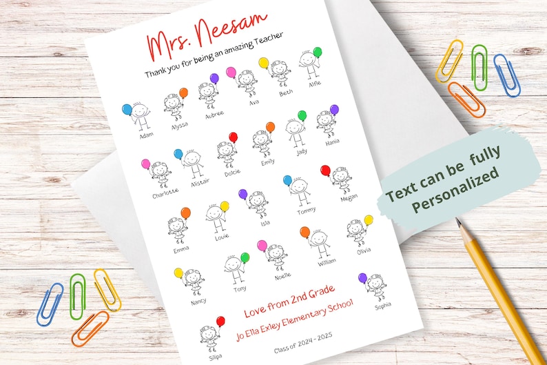 Puede incluir: Una impresi&oacute;n personalizada de agradecimiento a un profesor con el nombre "Mrs. Neesam" en escritura roja. La impresi&oacute;n incluye figuras de palitos sosteniendo globos, con nombres debajo. El texto dice "Thank you for being an amazing Teacher" y "Love from 2nd Grade".