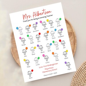 Puede incluir: Una impresi&oacute;n blanca con figuras de palitos sosteniendo globos, con nombres y el texto "Sra. Albertson, Gracias por ser una maestra incre&iacute;ble". La impresi&oacute;n es de la Escuela Primaria Playa Vista, Clase de 2024-2025.