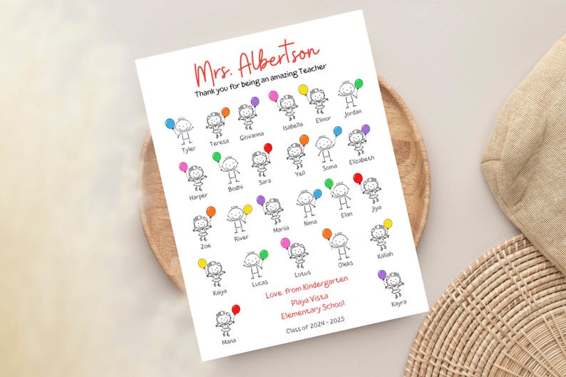 Puede incluir: Una impresi&oacute;n blanca con figuras de palitos sosteniendo globos, con nombres y el texto "Sra. Albertson, Gracias por ser una maestra incre&iacute;ble". La impresi&oacute;n es de la Escuela Primaria Playa Vista, Clase de 2024-2025.