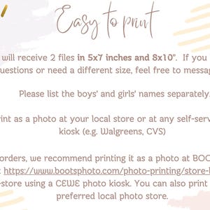 Puede incluir: Un archivo digital imprimible con instrucciones. El texto dice "Easy to print" y proporciona detalles sobre los tama&ntilde;os de archivo (5x7 y 8x10 pulgadas) y las opciones de impresi&oacute;n, incluyendo Walgreens y CVS. Tambi&eacute;n menciona enumerar los nombres por separado.