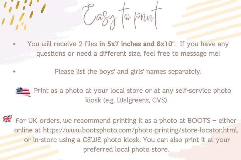 Puede incluir: Un archivo digital imprimible con instrucciones. El texto dice "Easy to print" y proporciona detalles sobre los tama&ntilde;os de archivo (5x7 y 8x10 pulgadas) y las opciones de impresi&oacute;n, incluyendo Walgreens y CVS. Tambi&eacute;n menciona enumerar los nombres por separado.