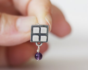 Handmade Sterling Silver Post Earrings Gifts For Her Square Amethyst