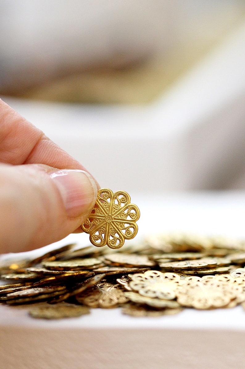 Brass Stampings, Round stamping, End caps for beads, Rolling mill pattern transfer, Links, Jewelry component destash, Lot 9 image 2