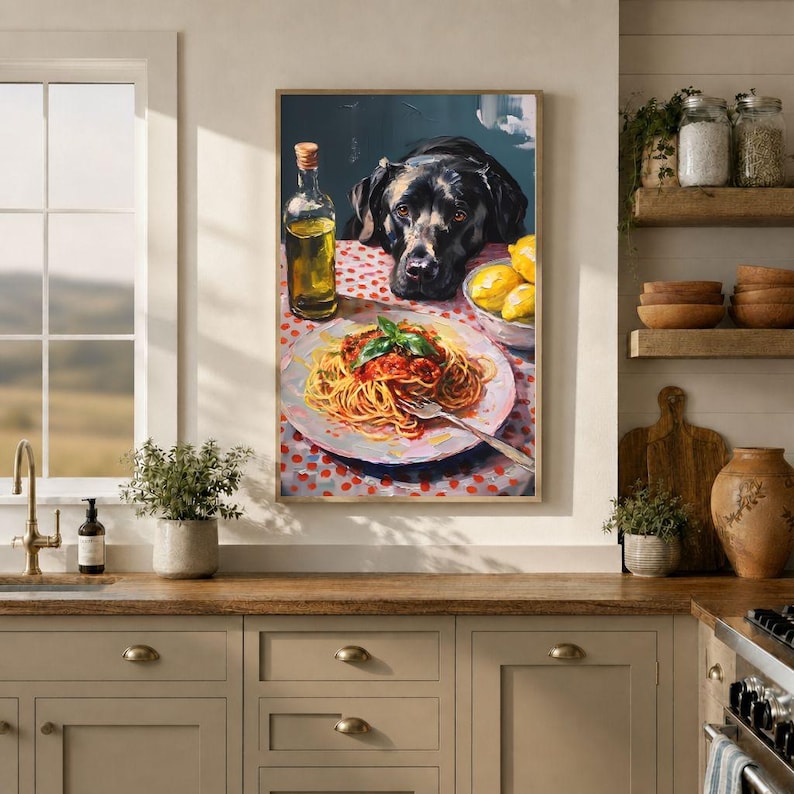 Pode incluir: Uma pintura emoldurada retrata um c&atilde;o preto olhando para um prato de espaguete com molho de tomate e manjeric&atilde;o. Uma garrafa de azeite e uma tigela de lim&otilde;es tamb&eacute;m est&atilde;o sobre a mesa. A mesa &eacute; coberta com uma toalha de mesa de bolinhas vermelhas e brancas.
