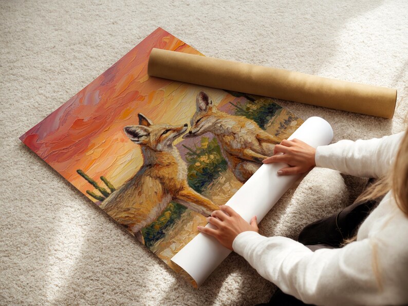 May include: A rectangular art print featuring an oil painting of two coyotes in a desert landscape at sunset. The scene displays textured brushstrokes in shades of orange, yellow, and brown, depicting the animals near cacti and desert flora.