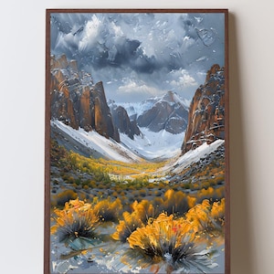 May include: A framed landscape painting depicts a mountain valley scene. The artwork features snow-capped mountains, a valley with yellow foliage, and a cloudy sky. The painting is in a brown wooden frame.