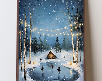 Cozy Winter Art Ice Skating and Twinkle Lights Print, Vintage Christmas Wall Art, Snowy Cottage Scene, Blue Winter Decor for Holiday Homes