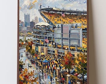 May include: An oil painting depicting a stadium filled with yellow seating, surrounded by a city skyline. The scene includes a crowd of people walking on a street below, trees with autumn foliage, and a large scoreboard structure in a brown frame.